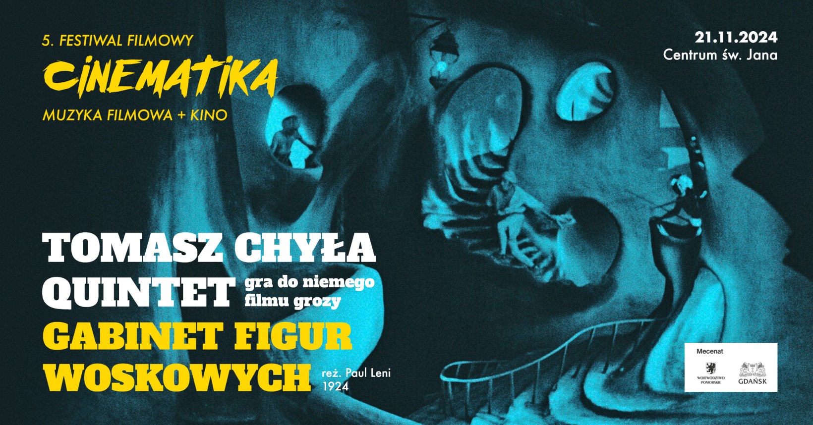 na plakacie są napisy dot. wydarzenia cinematika, na tle tajemniczej ilustracji gdzie ludzie spinają się po schodach 