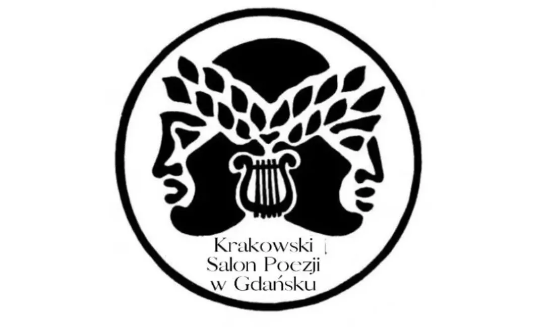 logo krakowskiego salonu poezji, czyli dwie połączone głowy w wieńcu, z harfą