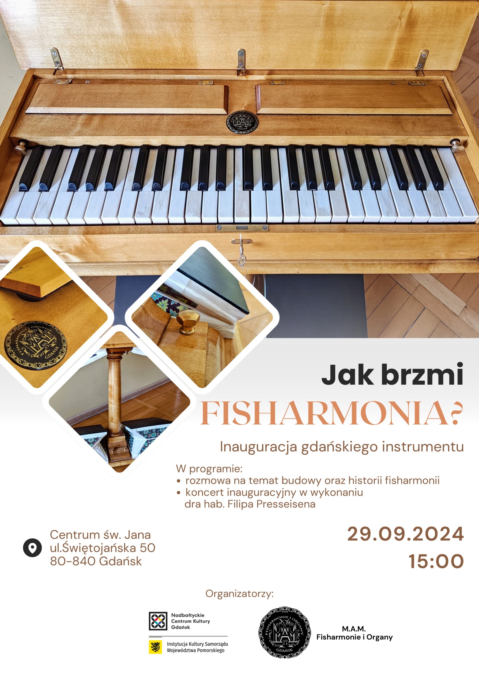 Plakat ilustrujący wydarzenie, na plakacie widok drewnianej fishalrmonii.