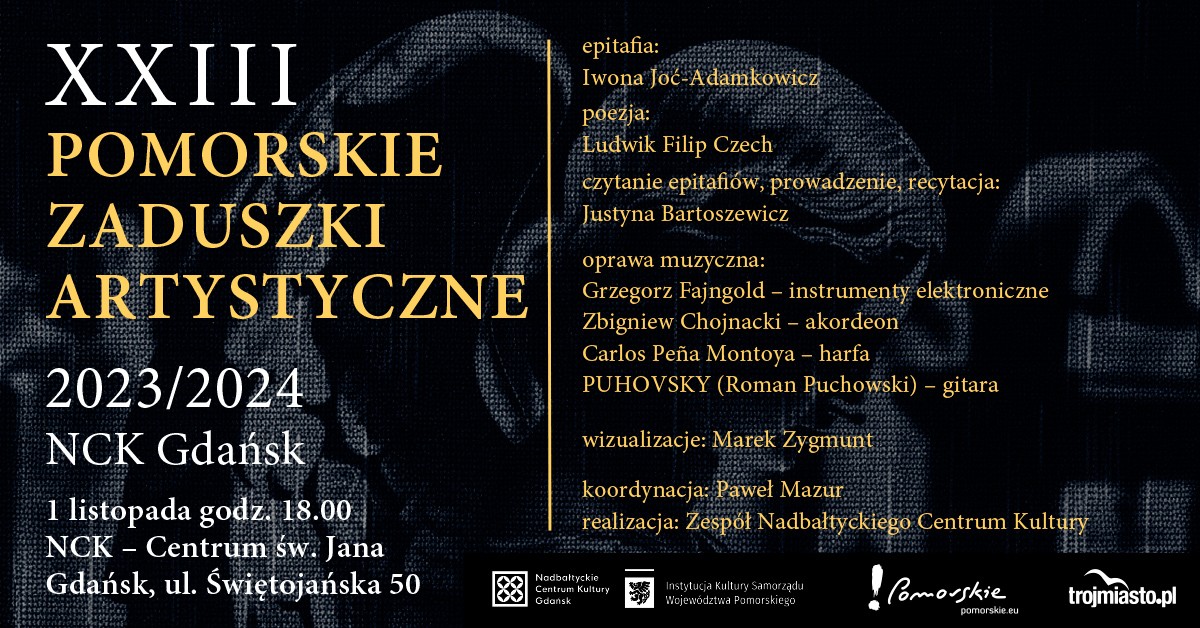plakat z napisami na czarnym tle, ilustrujący wydarzenie 