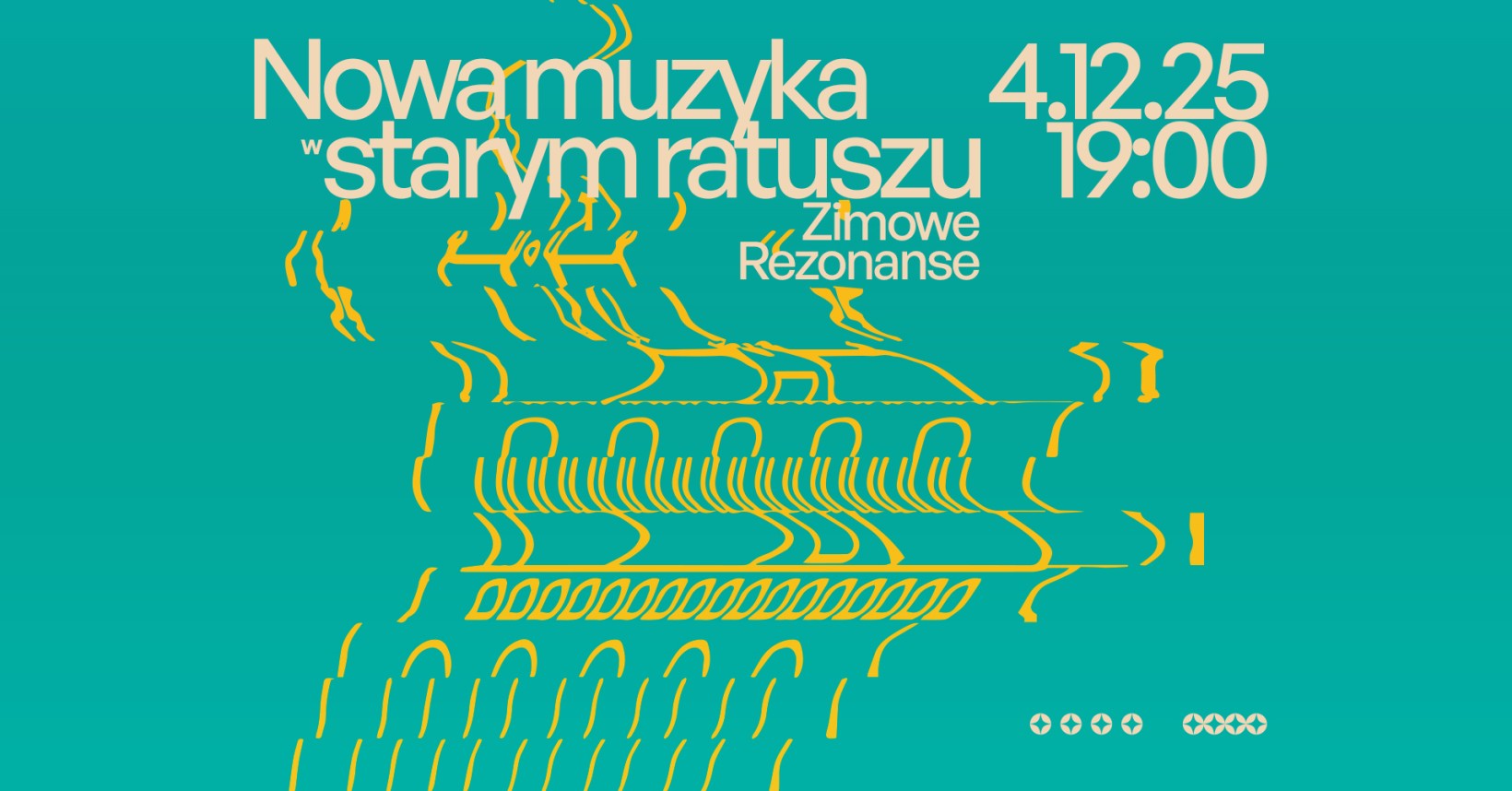 turkusowa grafika z dynamiczną ilustracją ratusza, na górze z nazwą wydarzenia i datą