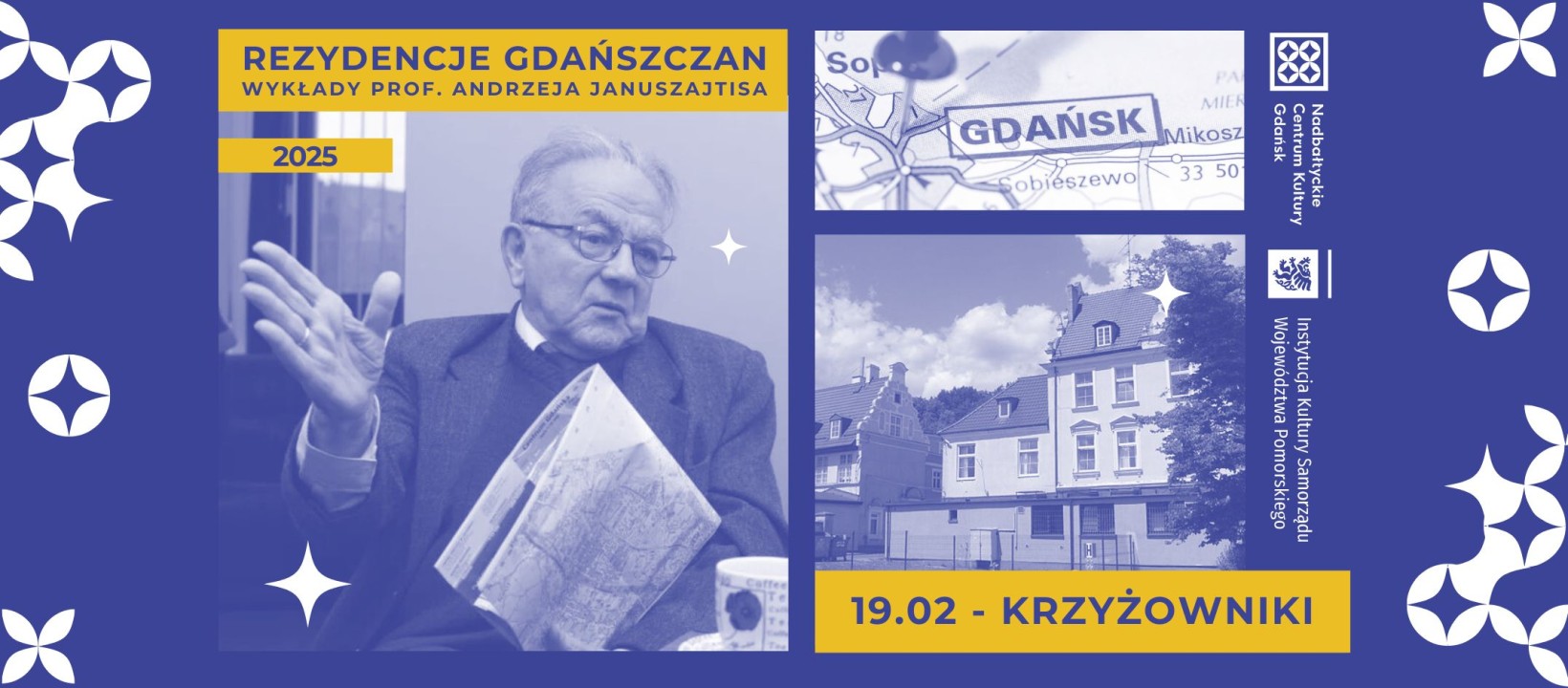 grafika ze zdjęciami (na nich profesor Januszajtis, przykładowa rezydencja w Gdańsku, fragment mapy Gdańska)