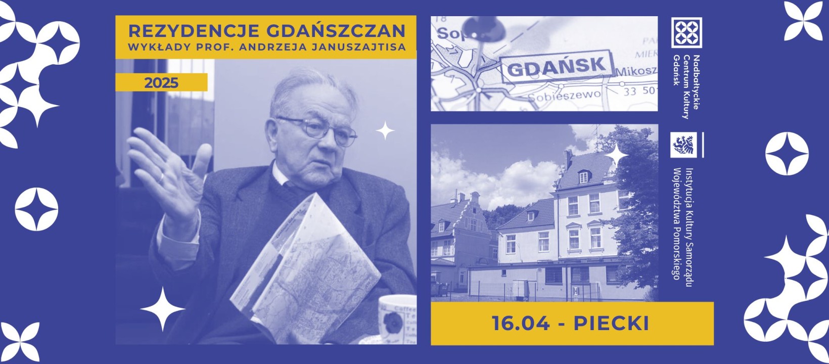 grafika ze zdjęciami (na nich profesor Januszajtis, przykładowa rezydencja w Gdańsku, fragment mapy Gdańska)