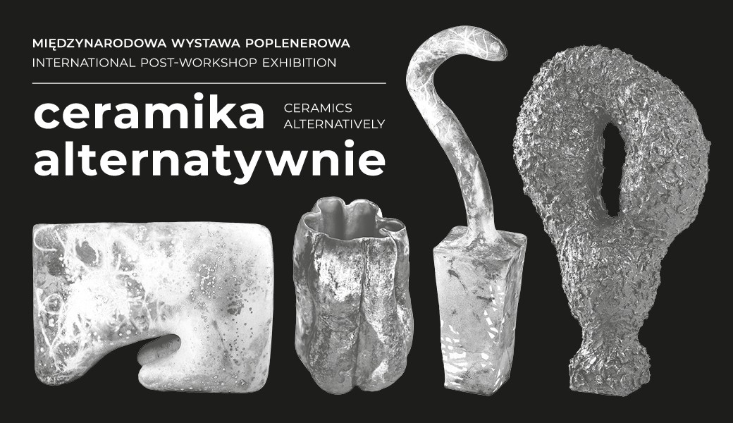 grafika do wydarzenia - czarne tło białe napisy z nazwą wydarzenia, artystami oraz zdjęciami rzeźb ceramicznych 