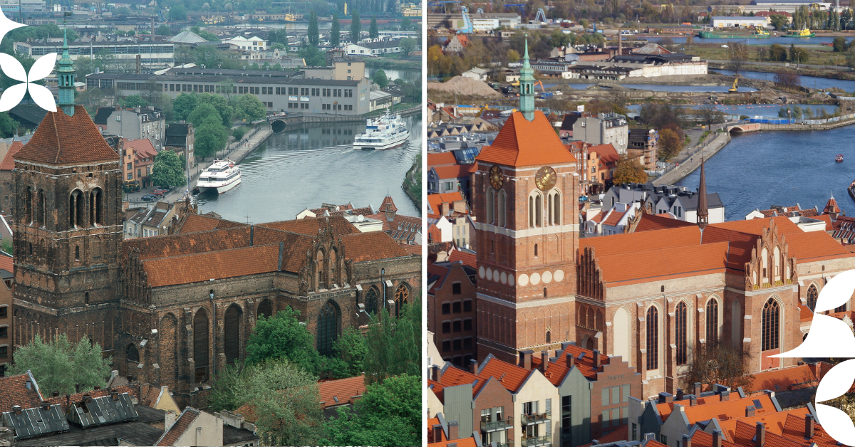 grafika ze zdjęciami: po lewej stronie centrum św. jana 30 lat temu, a po prawej centrum św. Jana teraz