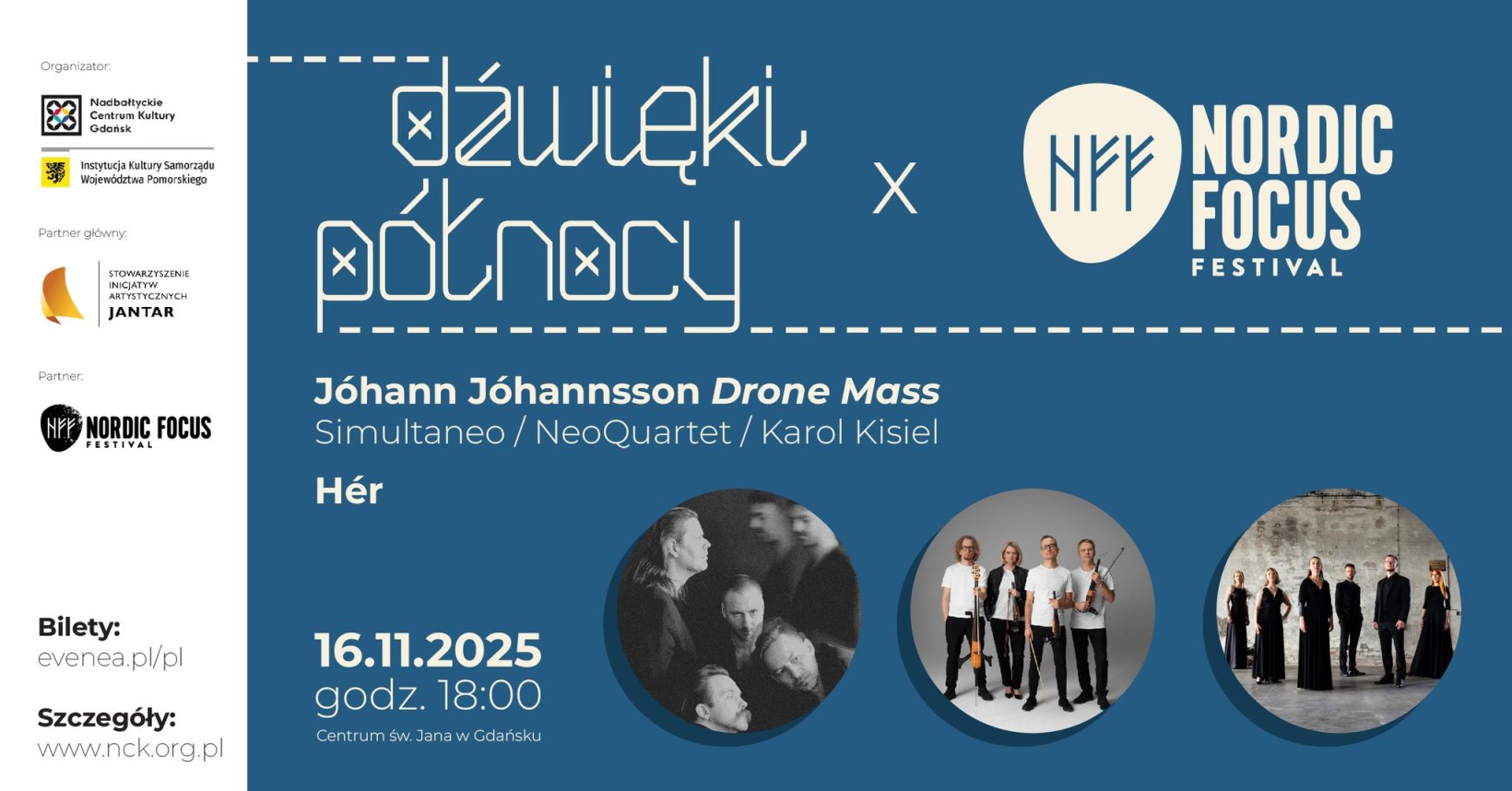 grafika w kolorach biały-niebiesko szary, na niej zdjęcia artystów w kółkach, a na górze logotypy dwóch festiwali, które współpracują ze sobą