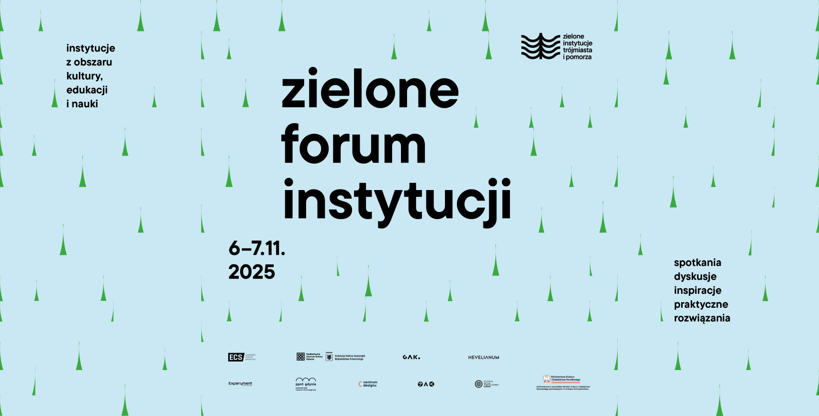 zielone forum instytucji grafika - niebieskie tło i małe choineczki