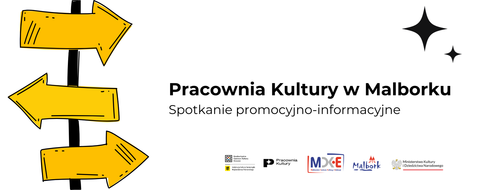 grafika z żółtymi strzałkami po lewej, a po prawej nazwa wydarzenia. na dole logotypy organizatorów i partnerów