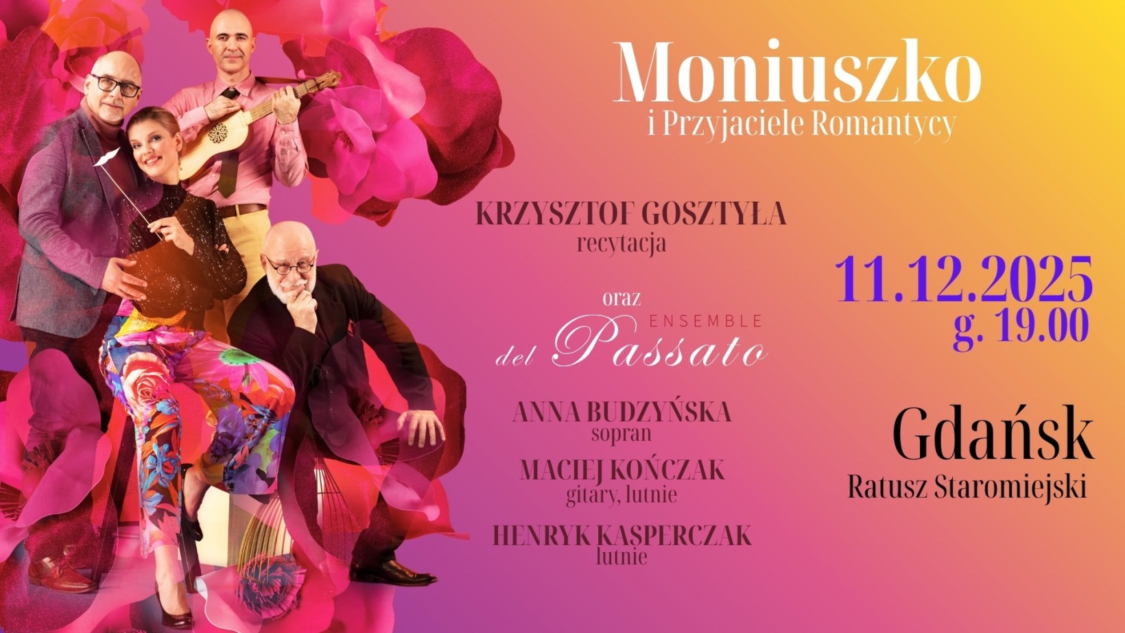 różowo żółta grafika, wizerunki tańczących ludzi, napis "Moniuszko 11.12.2025, godz. 19.00"