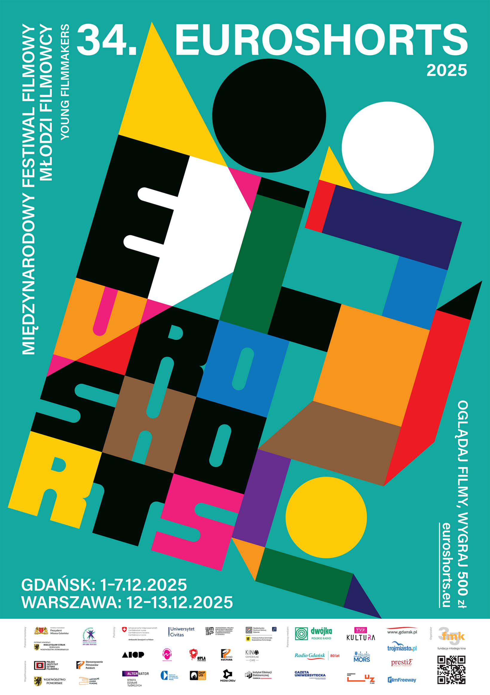 kolorowa grafika, geometryczne wzory - układają się w napis "euroshorts"