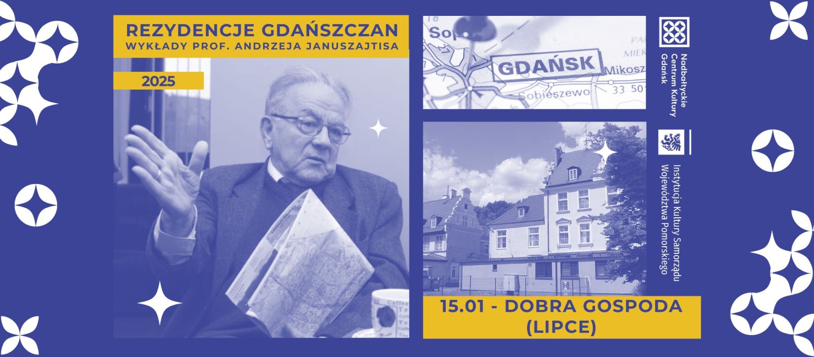grafika ze zdjęciami (na nich profesor Januszajtis, przykładowa rezydencja w Gdańsku, fragment mapy Gdańska)