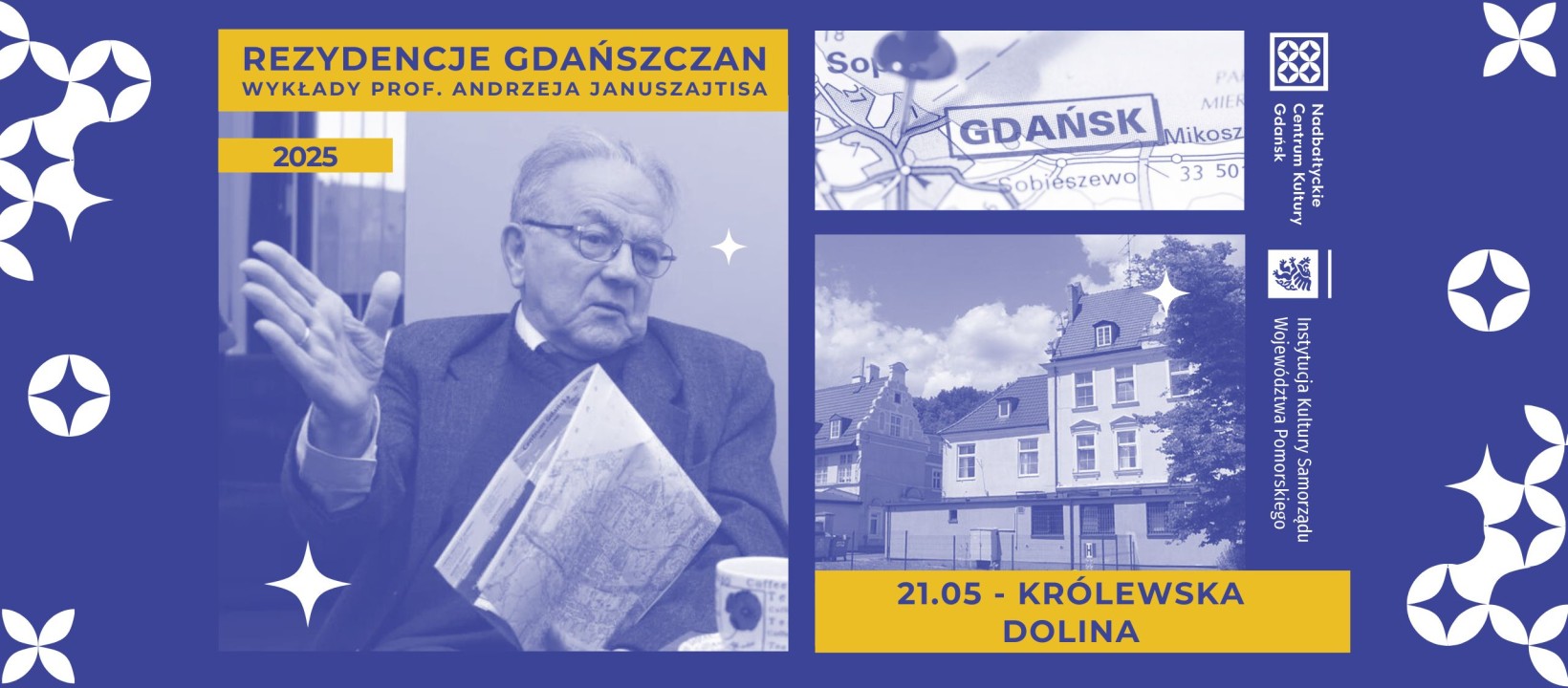 grafika ze zdjęciami (na nich profesor Januszajtis, przykładowa rezydencja w Gdańsku, fragment mapy Gdańska)