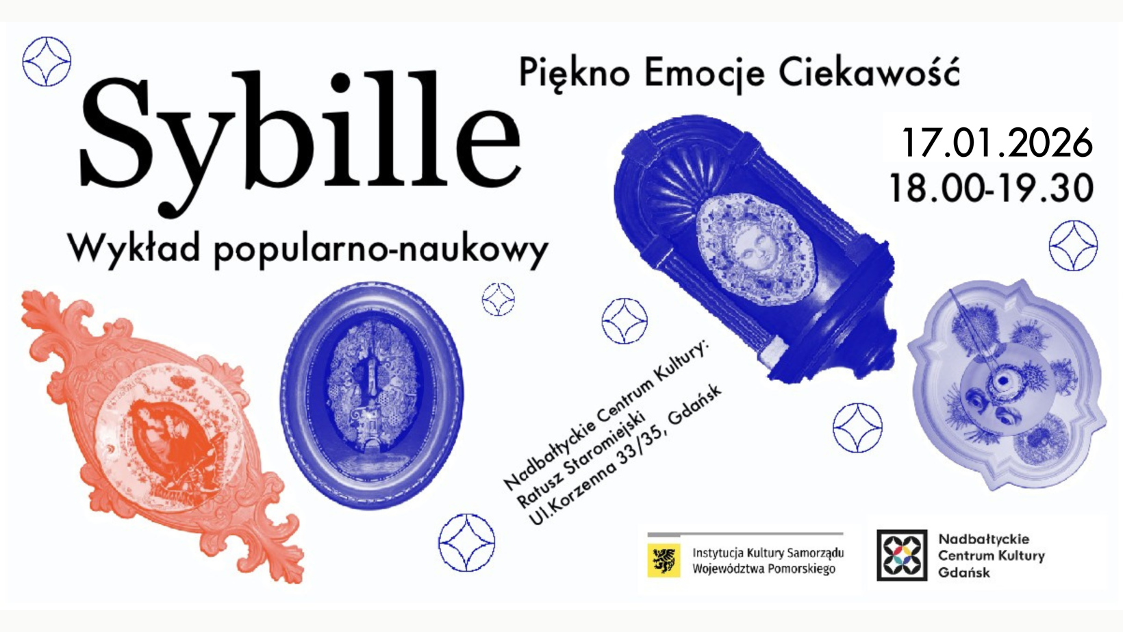 białe tło, czerwone i niebieskie fragmenty ceramiki, napis: Sybille wykład popularno-naukowy. Piękno Emocje Ciekawość, 17.01.2026 18.0-19.30"