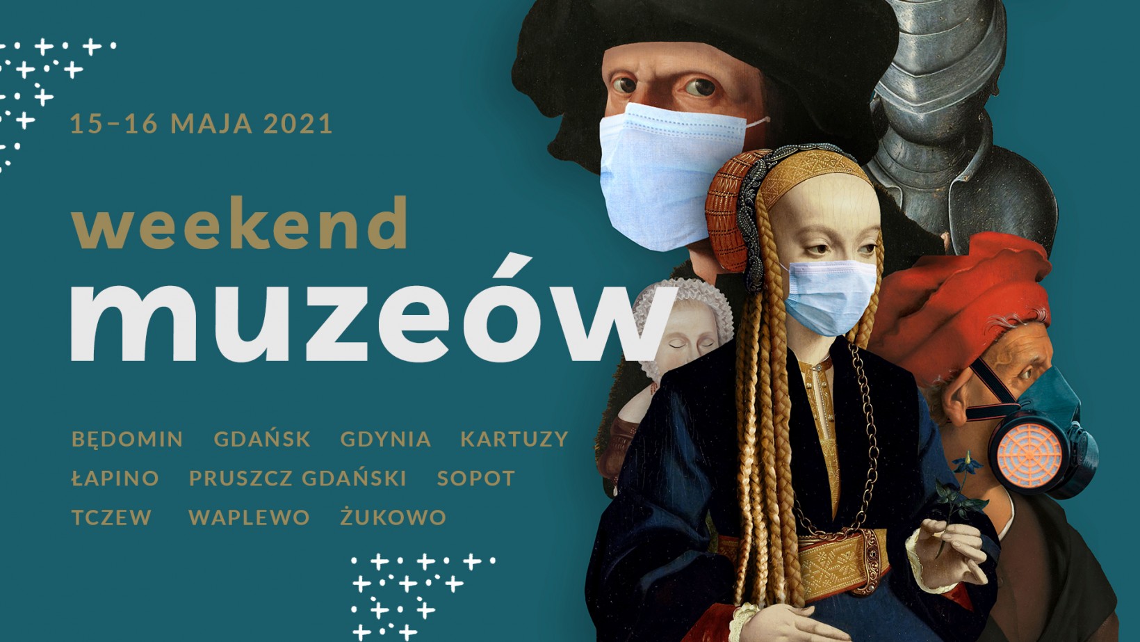 Postacie historyczne w maseczkach, grafika promująca weekend muzeów