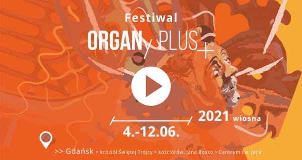 pomarańczowe abstrakcyjne tło z datą i logotypem Festiwalu Irgany Plus