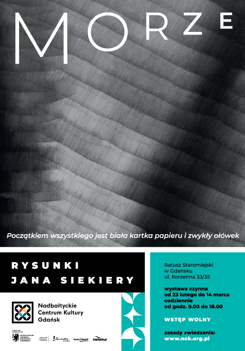 czarno biała abstrakcyjna grafika z napisem morze plakat promujący wystwę Jana Siekiery