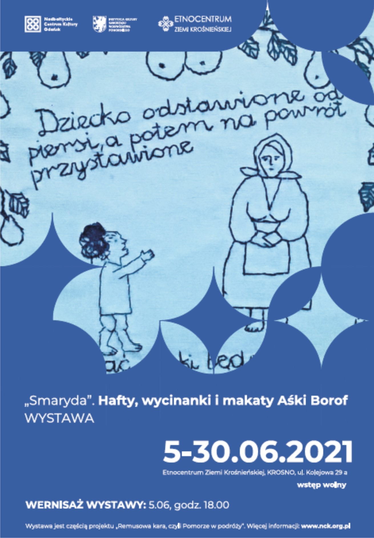 niebieska makatka z kobietą i dzieckiem i tekstem ludowym