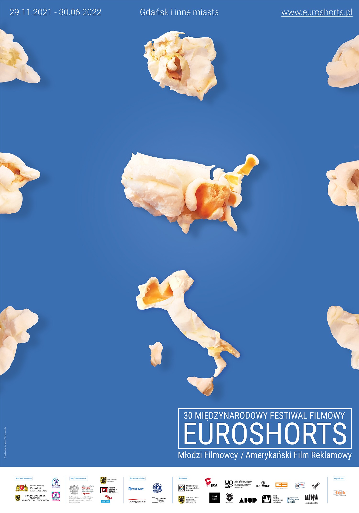 plakat promujący festiwal Euroshorts kraje ulepione z ciasta na niebieskim tle