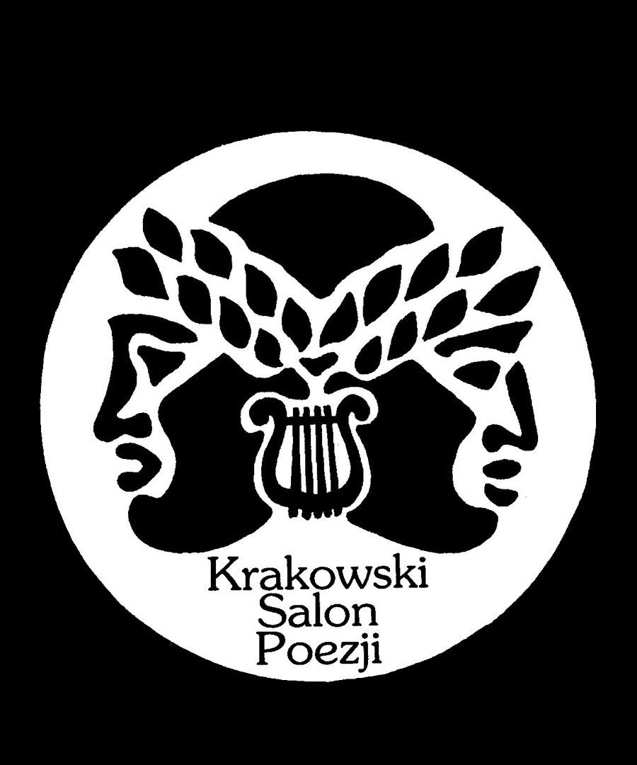 zwrócone tyłem profile twarzy z wieńcami laurowymi na skroniach, logo krakowskiego salonu poezji