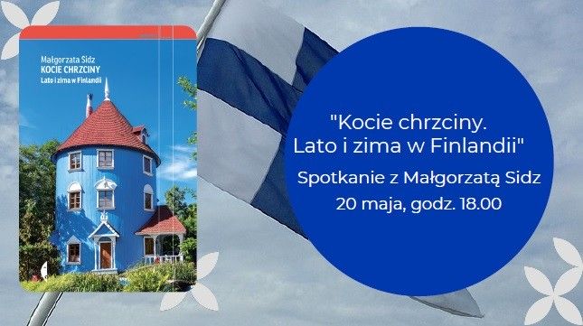 Okładka książki "Lato i zima w Finlandii" na tle fińskiej flagi