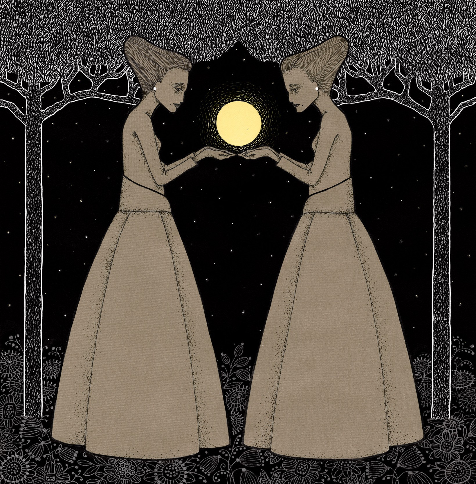 Ilustracja dwie kobiety trzymające świetlistą kulę