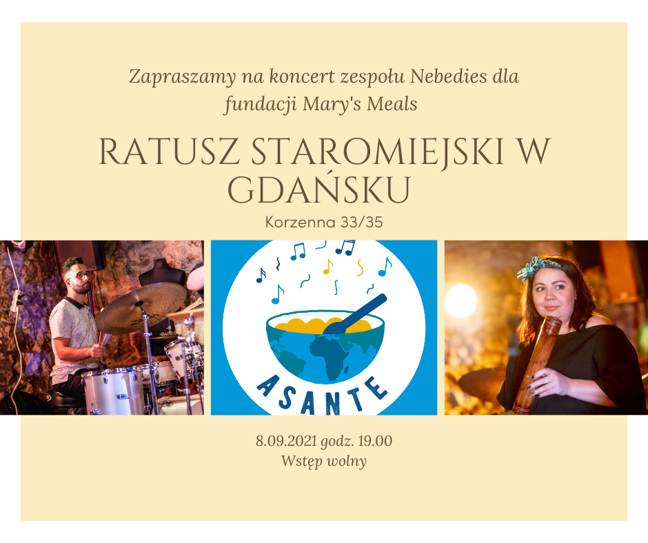 zaproszenie na koncert w ratuszu Staromiejskim dla Fundacji Mary's Meals, zdjęcia chłopaka i dziewczyny, muzyków grających na instrumentach