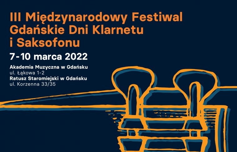 grafika dni klarnet rysunkowy fragmenty instrumentu oraz tytuł wydarzenia "III Międzynarodowy Festiwal Gdańskie Dni Klarnetu"