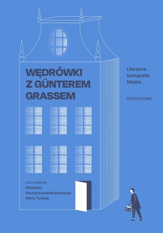 okładka książki niebieska, szkic kamienicy, mężczyzna zmierzający do budynku
