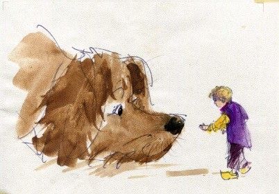ilustracja głowa psa i chłopiec dotykający nosa