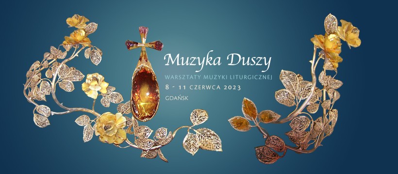 gałżaki kwiatów bursztynowych na niebieskim tle, napis "muzyka duszy" 9-11 czerwca 2023
