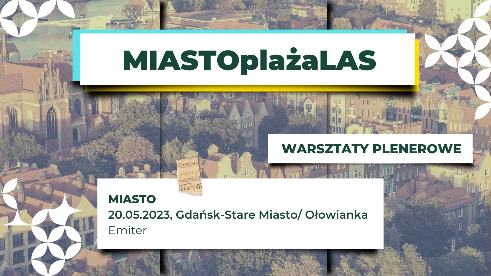 zdjęcie miasta z lotu ptaka, kamienice, parki. Napis "Miastoplażalas, warsztaty plenerowe"