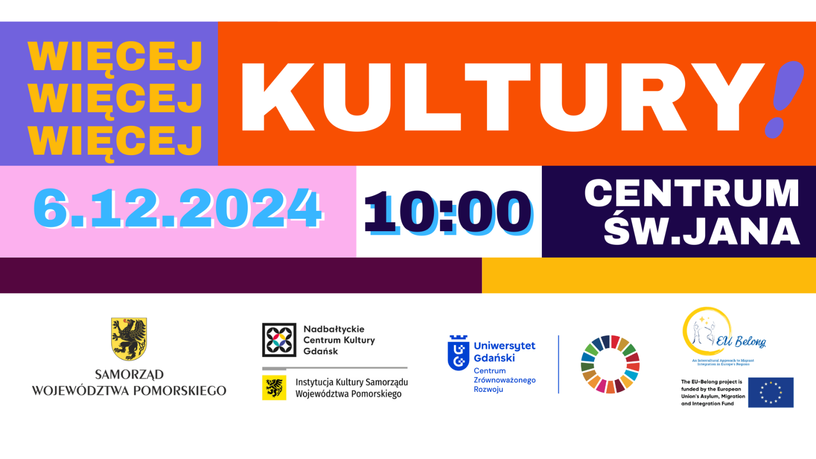 kolorowe bloki, litery, napis "więcej kultury! 6.12.2024, 10.00, centrum św. Jana"