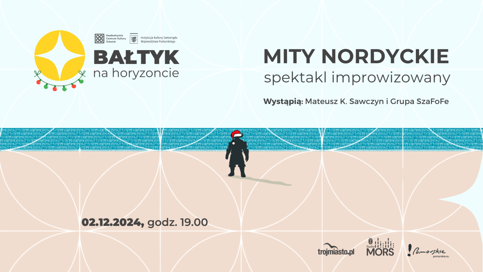 jasna grafika, wiking w czapce świętego mikołaja na plaży, patrzy w horyzont