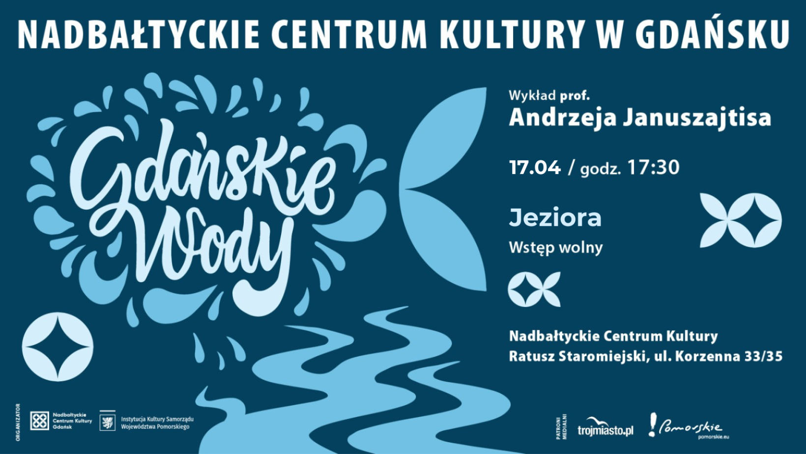 grafika komputerowa, granatowe tło, napis "gdańskie wody"