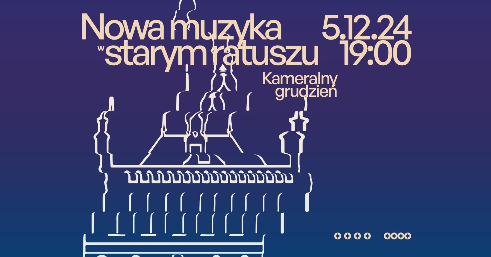 granatowa grafika napis 5.12.24 19.00 "nowa muzyka w starym ratuszu"