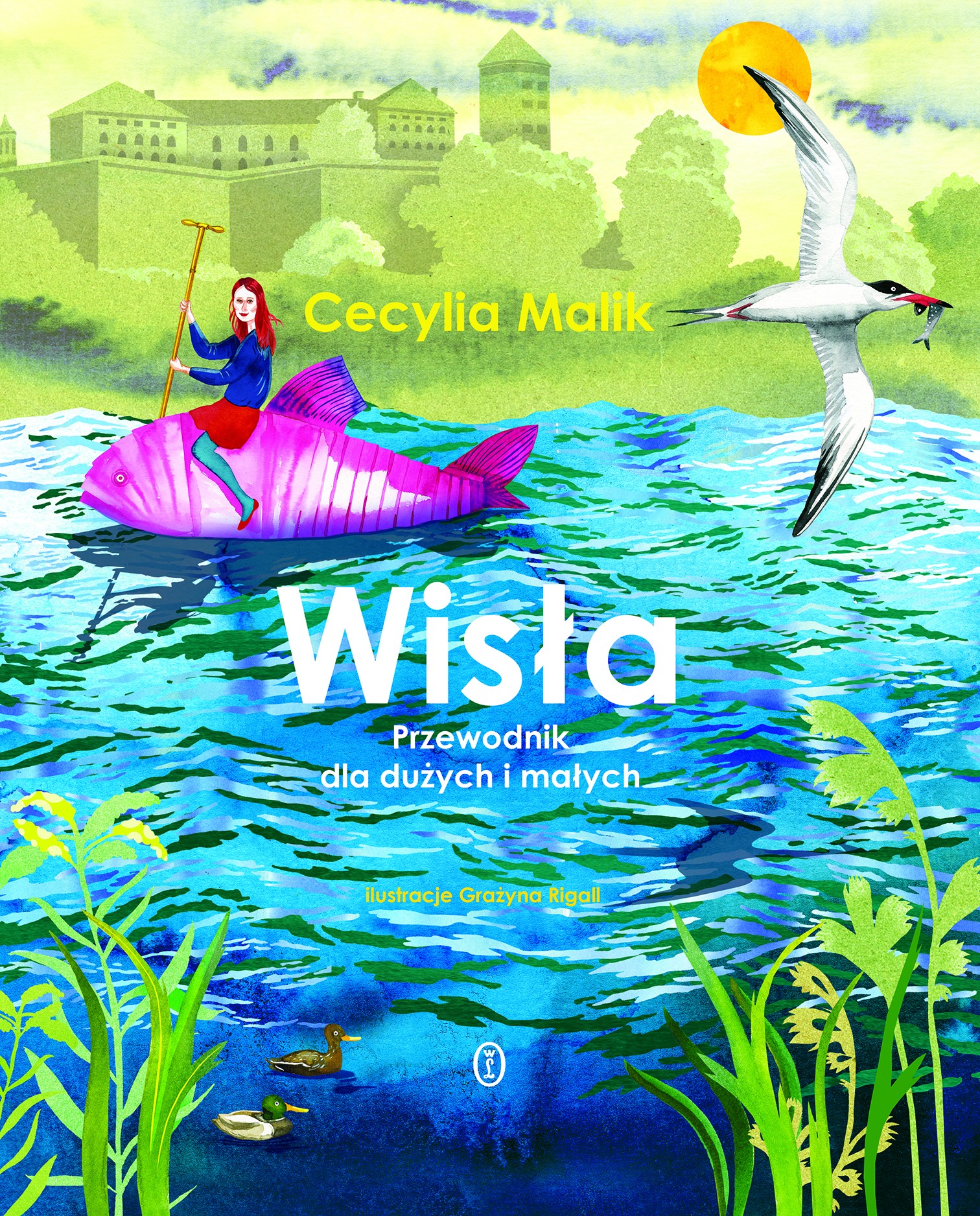 okładka książki, ilustracja rzeki i kobiety płynącej na rybie, napis "wisła"