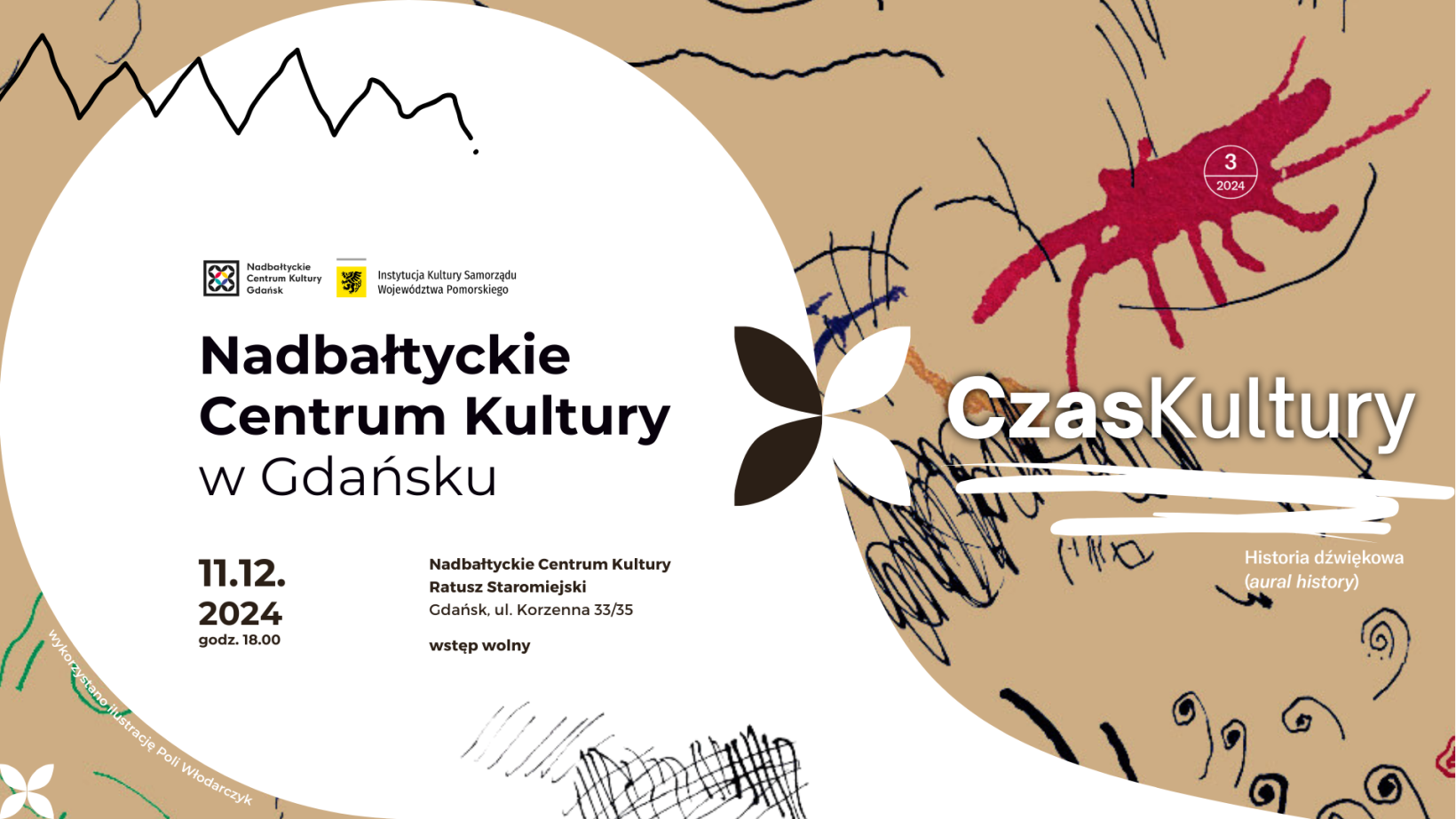 grafika abstrakcyjna, beżowe tło, plamy, kreski, napis "Nadbałtyckie Centrum Kultury w Gdańsku x Czas Kultury"