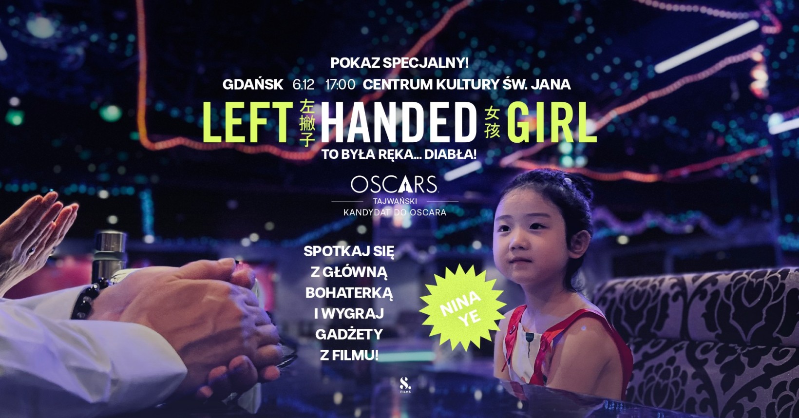 zdjęcie dziewczynki, azjatka siedzi przy stole, rozmawia. Napis "left-handed girl. Spotkaj się bohaterką"