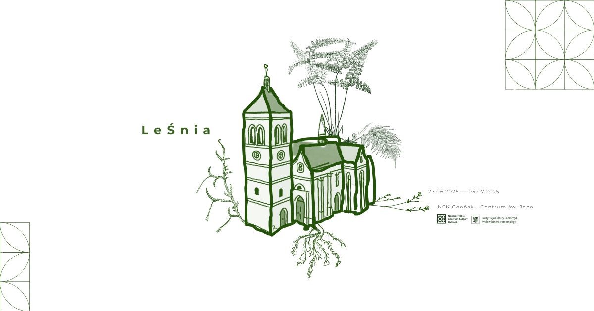 zielona ilustracja bryły kościoła, wokół wyrastają roślinne elementy