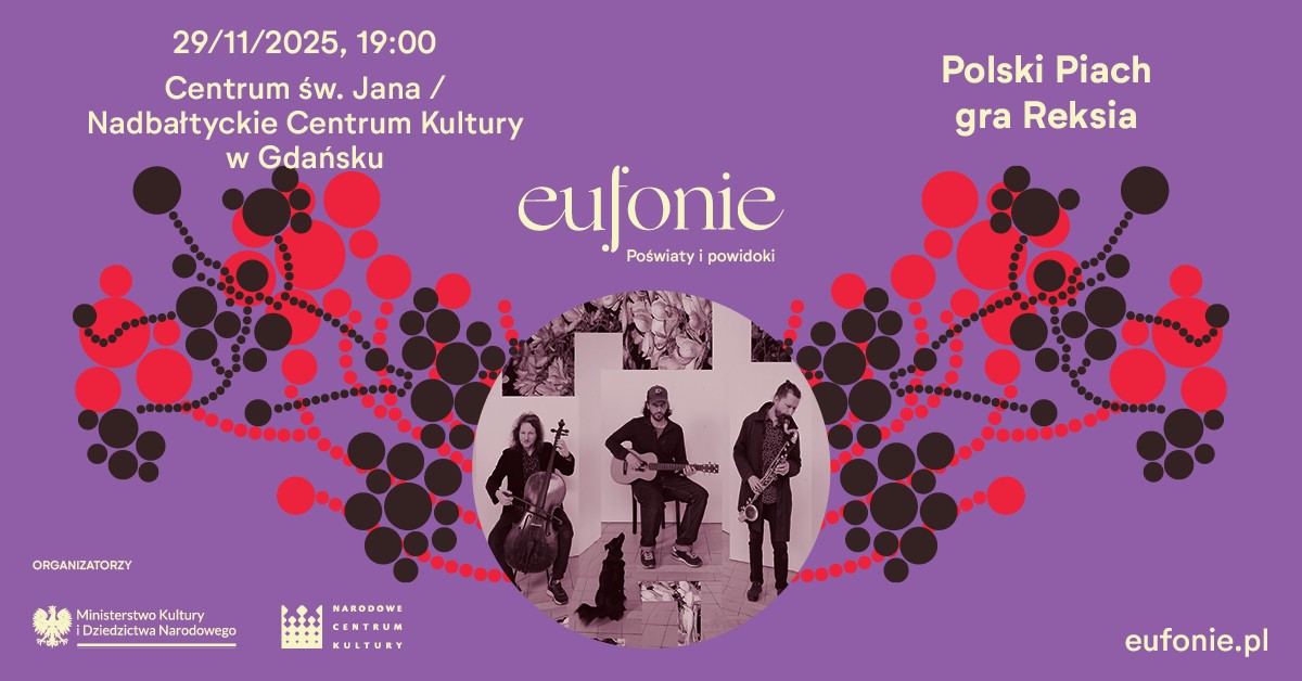 fioletowa grafika, czarne i czerowne elementy graficzne, przypominające rośliny, zdjęcie 3 mężczyzn z instrumentami, napis: "eufonie"