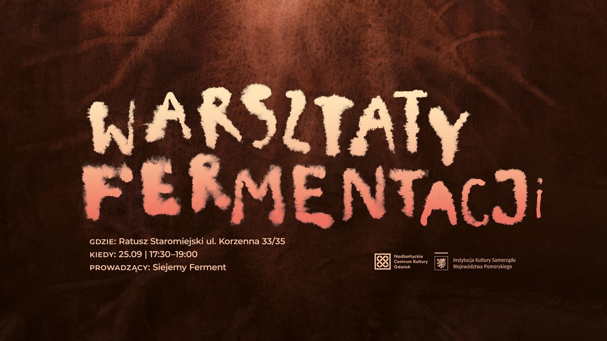 grafika promująca warsztayy fermentacji, ciemnie tło, listery rozpuszczone, jak płynne akwarele, napis "warsztaty fermentacji"