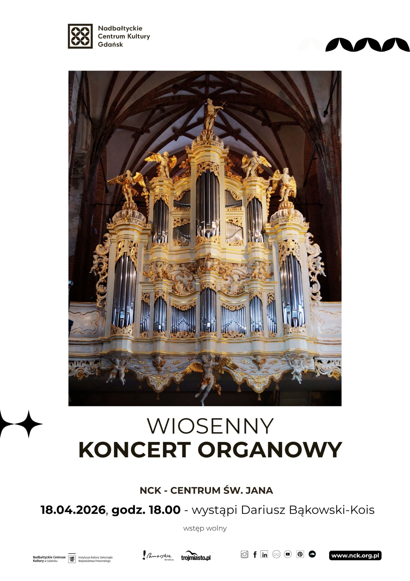 plakat koncertu organowego. Zdjęcie organów bocznych w Centrum św. jana w Gdańsku