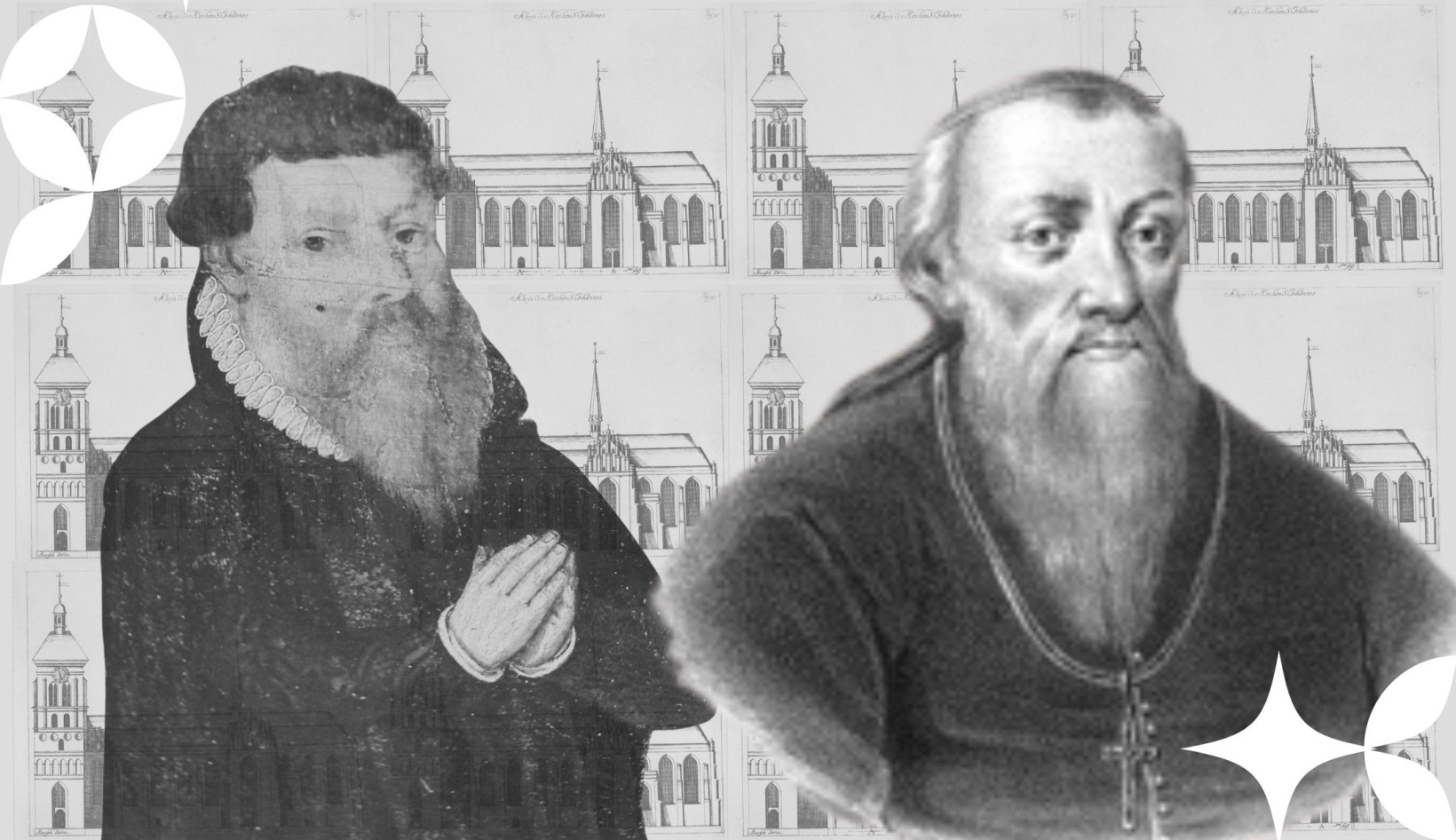 kompilacja rycin - portrety dwóch mężczyzn brodatych, prawodpodobnie pastorów. W tle powielona rycina sylwetki Centrum św. Jana