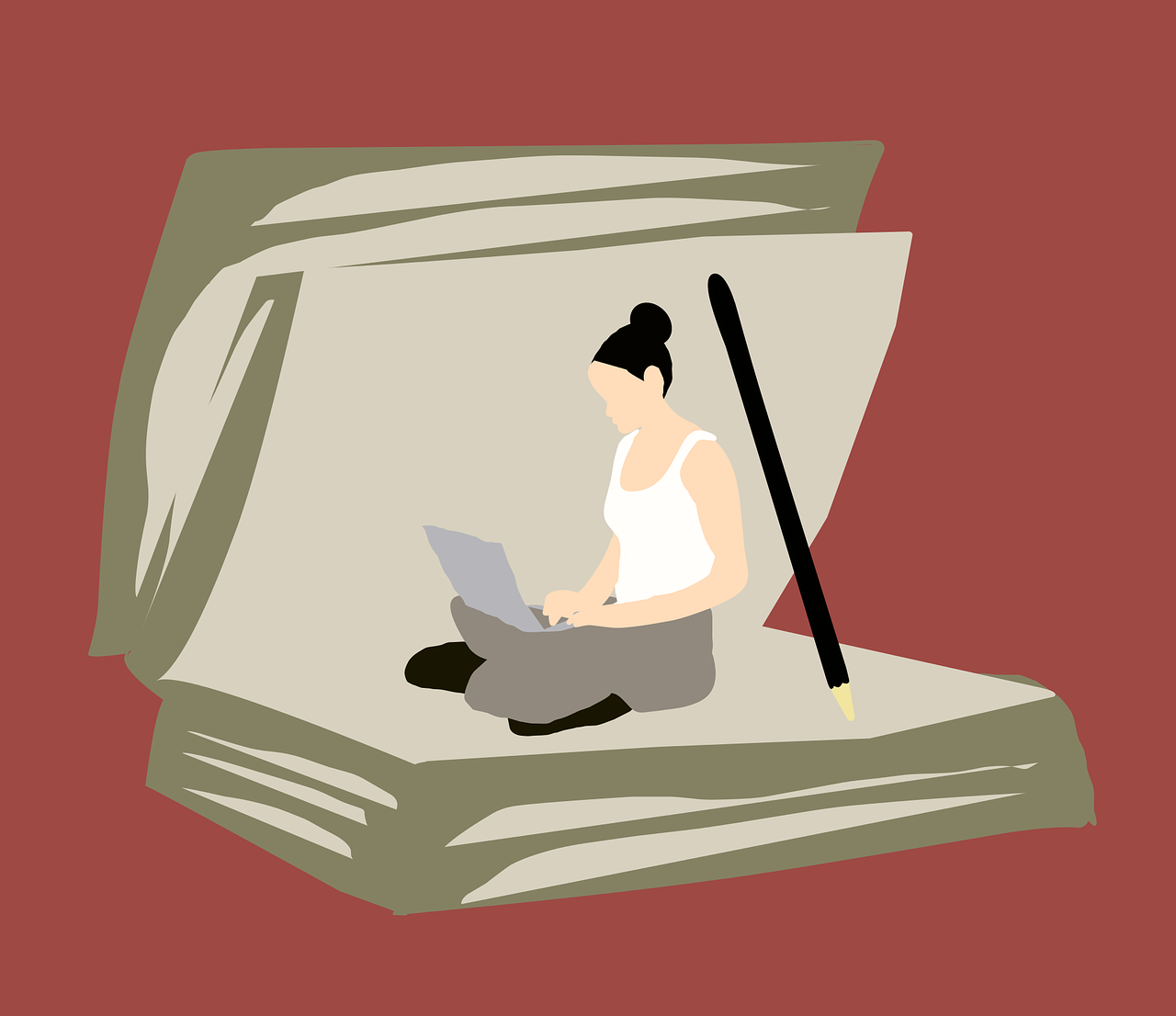 grafika przedstawiająca kobietę siedzącą z laptopem na kolanach w otwartej książce 