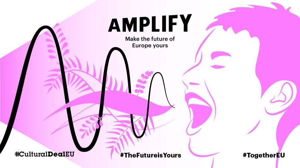Materiał graficzny przedstawiający dziecko. Ma otwarte usta, z których wydobywa się graficznie przedstawiona fala dźwiękowa. Obok niej wiją się elementy botaniczne. Nad rysunkiem widnieje napis "Amplify. Make the future of Europe yours"