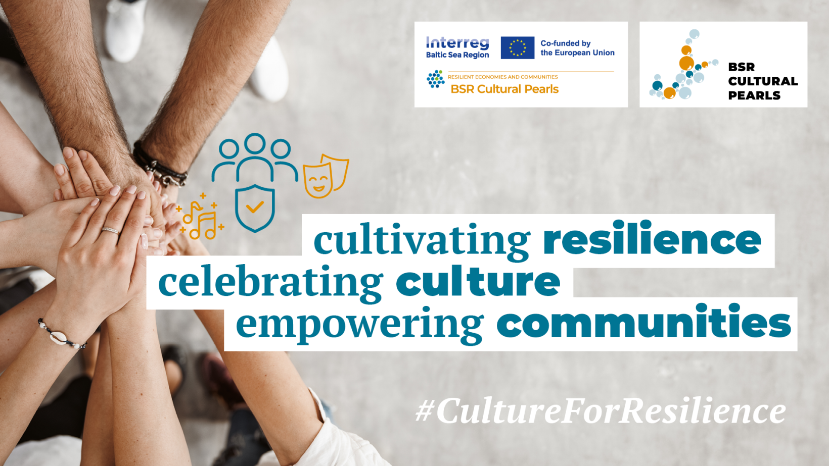 zdjęcie dłoni ułożonych na sobie jedna na drugą, napis "cultivating resilience, celebrating culture, empowering communities"