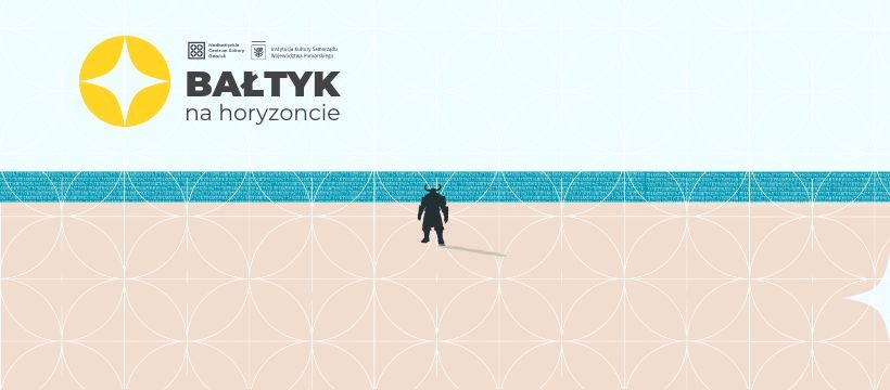 grafika linie poziome, niebo, morze, plaża, horyzont, na środku sylwetka wikinga tyłem, zwrócony w lewo w strone słońca i napisu "bałtyk na horyzoncie"