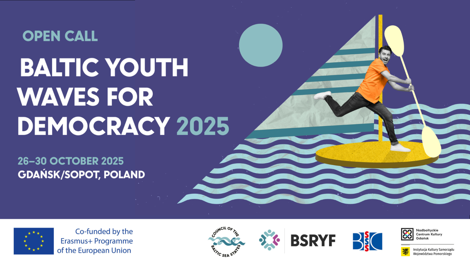 niebieska grafika, postać kreskówkowa na supie i graficznych falach napis "open call baltic youth waves for democracy 2025"