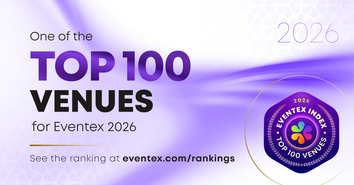 fioletowo-biała grafika, napis: one of the TOP 100 venues for EVENTEX 2026"