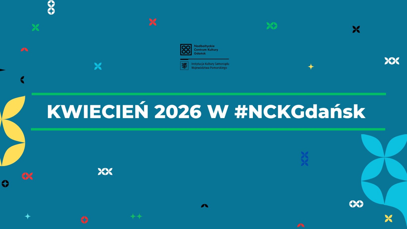 turkusowa grafika, biały napis: "kwiecień 2026"